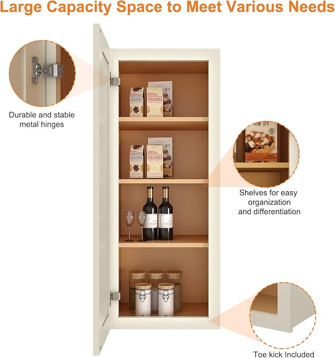 ROOMTEC Wood Wall Cabinet, RTA Single Door Medicine Cabinet with Adjustable Shelves and Soft-Close Door for Kitchen, Bathroom, and Laundry. 12" D*15" W*42" H, Shaker Antique White