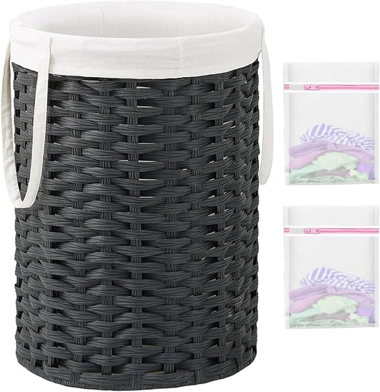 SETVSON Laundry Hamper Laundry Basket Round 19.0 Gal (72 L) Handwoven Rattan Hamper, Large Wicker Laundry Hamper with Removable Laundry Bag Handles 2 Mesh Bags for Bathroom Living Room Black (No Lid)