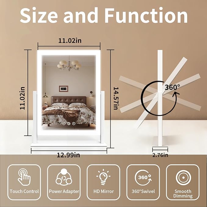 ROLOVE 16"x13" Vanity Mirror with Lights, Three Colors Lighting Mode, 360°Rotation, Lighted Makeup Mirror wih Stand for Desk, Bedroom, Dorm, Gifts for Women
