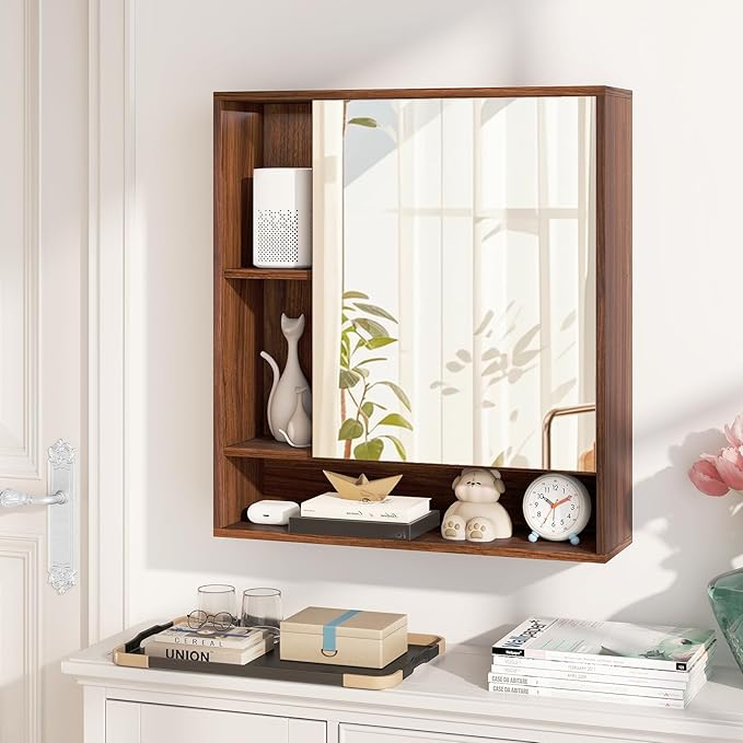 Giantex Bathroom Medicine Cabinet with Mirror, Wall Mounted Medicine Cabinet w/Single Door, 3 Open Shelves & Adjustable Shelf, Space-Saving Hanging Storage Cabinet for Living Room, Hallway (Walnut)