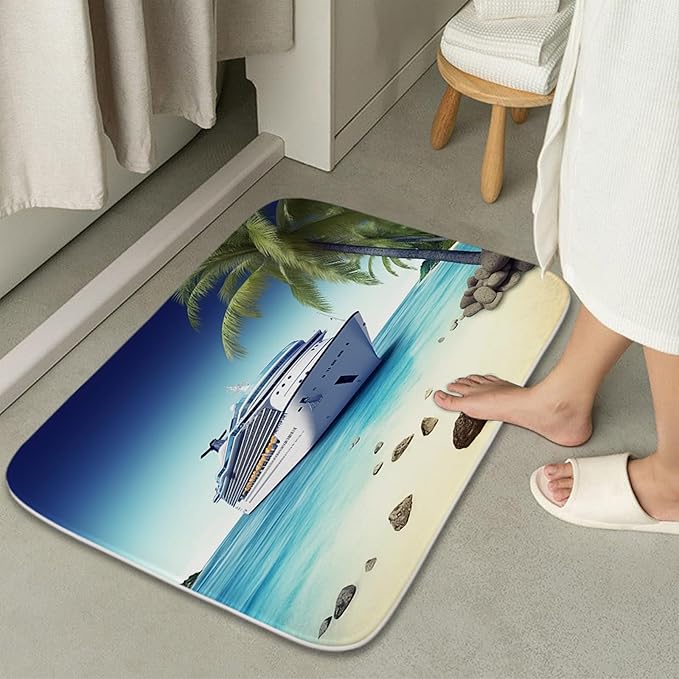 Beach Ocean Coastal Bathroom Sets with Modern Palm Tree Shower Curtain and 20 x 31 Rugs Bathroom Accessories Sets Decor with Bath Rug, Bath Mat, U-Shaped Contour and Hooks 72 x 72 Inch