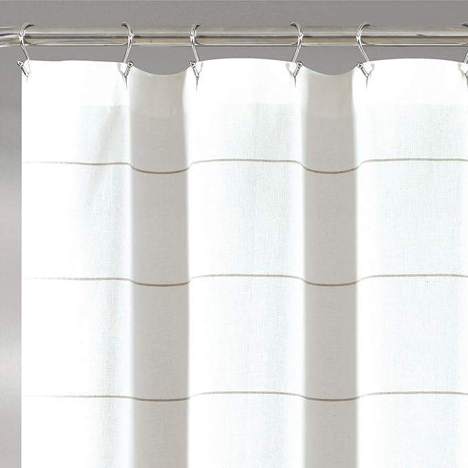 Lush Decor White Woven Cotton Shower Curtain with Taupe Stripe and Tassel Fringe, Bathroom Accessories (72" x 72")