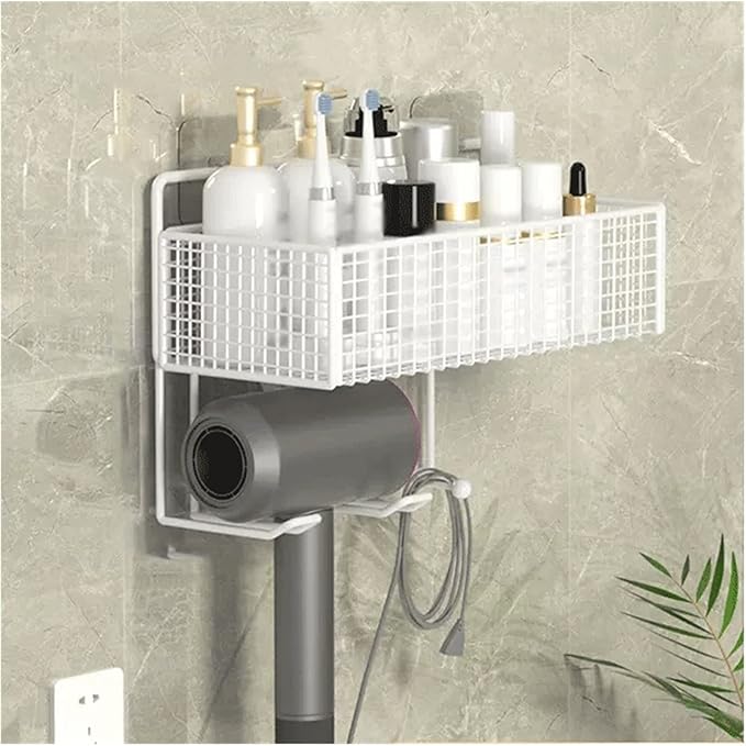 Bathroom Shelf Toilet Storage Rack Single Layer Metal toiletries Storage Rack with hairdryer Rack Wall Mounted Metal Seasoning Storage Rack No Punching Bathroom Organizer(White)
