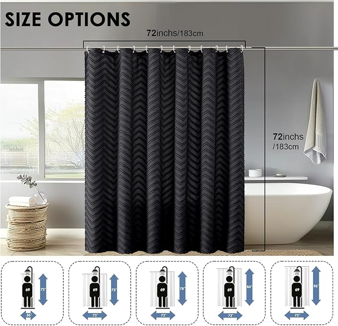 OVZME Black Boho Bathroom Shower Curtain 72 Inch Length, Tufted Chevron Striped Textured Cloth, Modern Farmhouse Washable Shower Curtain for Bathroom Hotel, 72Wx72L Inches