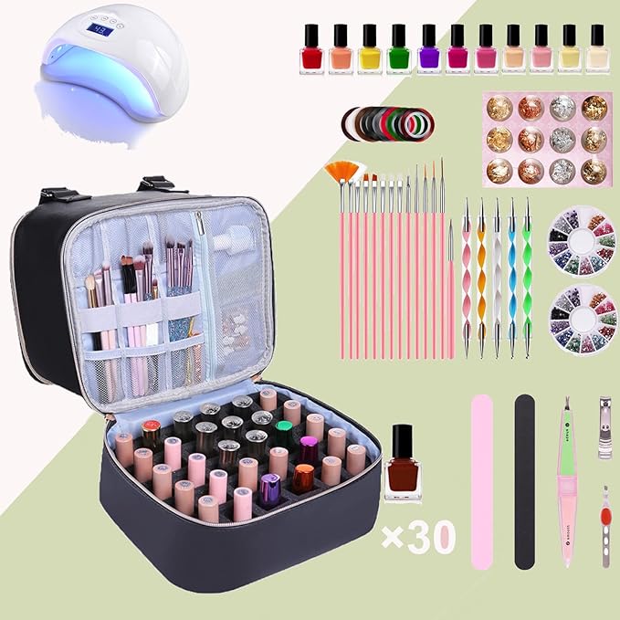 FCQQYWZ Nail Polish Organizer Case Hold 30+ Bottles (15ml/0.5 fl.oz) and a Nail Lamp, Double-Layer Nail Case Bag Nail Polish Organizer Bag, Nail Supply Organizers and Storage for Nail Tech (BLACK)