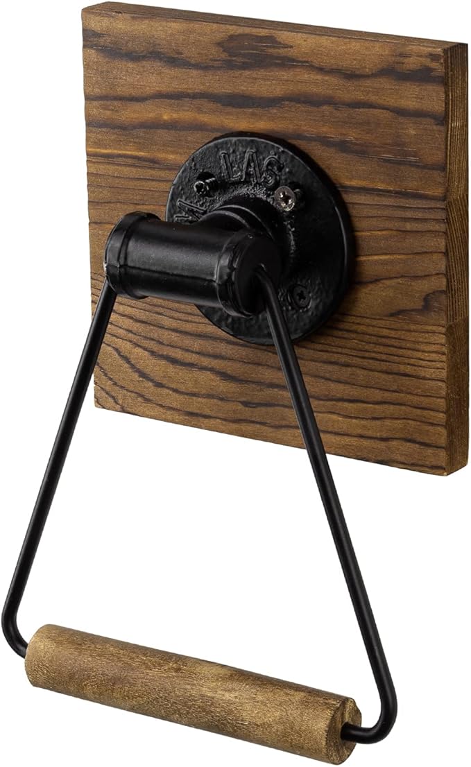 MyGift Bathroom Hand Towel Holder, Towel Rack Ring 5.5x8.7 inch for Kitchen, Laundry Room, Matte Black Industrial Metal with Rustic Solid Burnt Wood