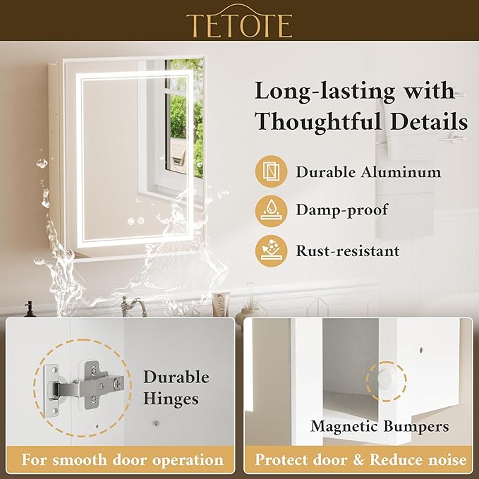 TETOTE White Led Lighted Bathroom Medicine Cabinet with Mirror 20 x 26 Recessed or Surface Mount Metal Framed Medicine Cabinet with Lights, Tempered Glass, 3 Color Dimming, Anti-Fog, 2 Outlets