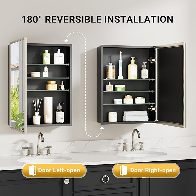 20''x 26'' Brushed Nickel Medicine Cabinet, Recessed or Surface Framed Medicine Cabinet with Beveled Mirror Pre-Assembled, Reversible Bathroom Storage Vanity Cabinet with Adjustable Shelves