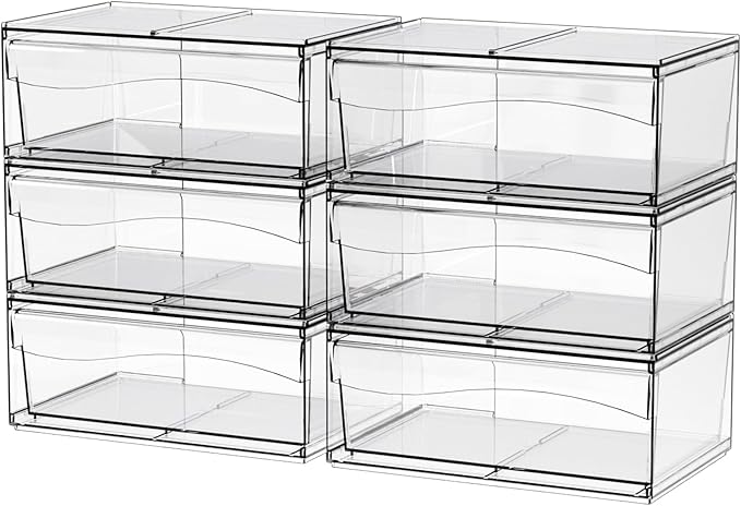 6 Pack Clear Stackable Storage Drawers,12"W Large Bathroom Makeup Organizer and Pen,Sunglass,Medicine,Baby Bottle Organizer,Plastic Pull Out Storage Bins for Desk,Under Cabinets,Vanity Countertop