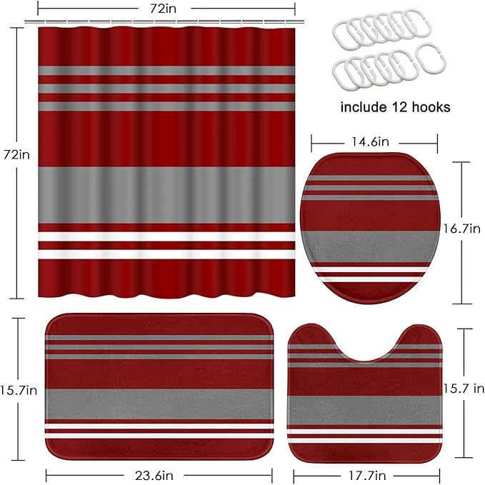 ArtSocket Burgundy Stripes Bathroom Set with Shower Curtain and Rugs Accessory, Grey Line Vintage Abstract Beautiful Shower Curtain for Bathroom Decor 4 Pcs