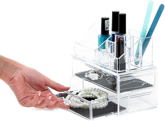 Compactor Make-up and Jewellery Storage Box, With 2 Drawers, Transparent, Polystyrene, Fabric Lining, 18.8 x 11.7 x H. 15.8 cm, RAN5048