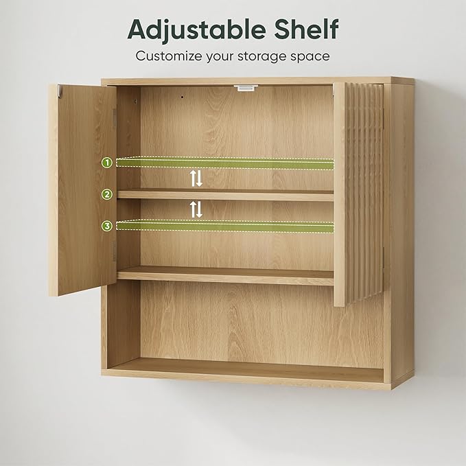 Smart FENDEE Bathroom Wall Storage Cabinet with Fluted Doors, Medicine Cabinet with Adjustable Shelf, Over The Toilet Storage Cabinet for Laundry Room & Kitchen & Living Room, Natural Oak