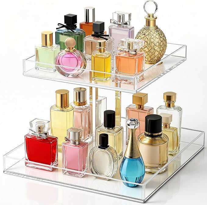 2-Tier Acrylic Bathroom Cosmetic Storage Organizer for Dresser and Countertop Standing Perfume Tray for Bedroom Decor