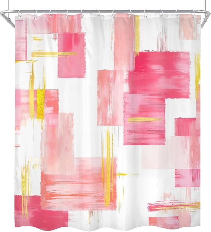 Cinbloo 4Pcs Pink Gold Shower Curtain Set, Modern Abstract Girls Girly Ombre Blush Oil Painting Bathroom Curtain with Rug, Toilet Lid Cover, Bath Mat, Geometry Minimalist Shower Curtain with 12 Hooks