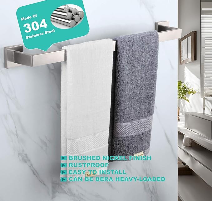 20 Inch Towel Bar for Bathroom 12/16/20/24/28/32/36 Inch Kitchen Towel Holder Brushed Nickel Towel Rod Wall Mounted SUS304 Rustproof Towel Rack Modern Square Design (1, Brushed Nickel, 20 Inch)