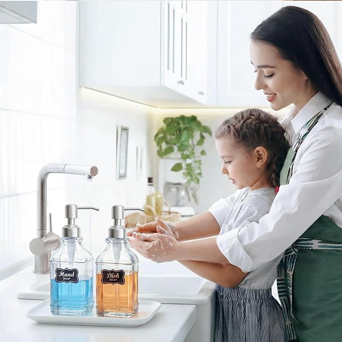 JASAI 2Pack Antique Design Glass Soap Dispenser with Rust Proof 304 Stainless Steel Pump, Refillable Hand Soap Dispenser with 10Pcs Stickers, Premium Soap Dispensers for Kitchen & Bathroom (Clear)