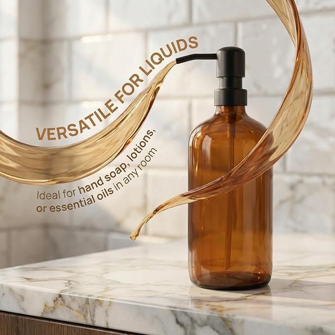 Amber Glass Soap Dispenser with 304 Stainless Steel Pump 17 oz for Kitchen Dish Soap and Bathroom Hand Soap Bottle