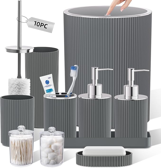 Grey Bathroom Accessories Set, 10PC Bathroom Set, Bath Accessory with Pop Up Trash Can, Soap Dispenser, Toilet Brush, Toothbrush Set Qtip Holders & Tray