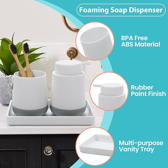GAHEFY White Bathroom Countertop Accessories Set - Soap Dispenser and Toothbrush Holder with Silicone Boot,Vanity Tray (White Foam)