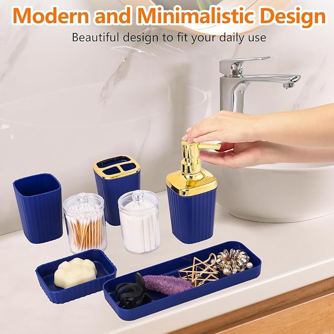 Navy Blue Bathroom Set, 23 PCS Bathroom Accessories Set with Shower Curtains, Trash Can, Toothbrush Holder, Soap Dispensers, Toothbrush Cup, Vanity Tray, Soap Dish, Toilet Brush, Qtip Holders
