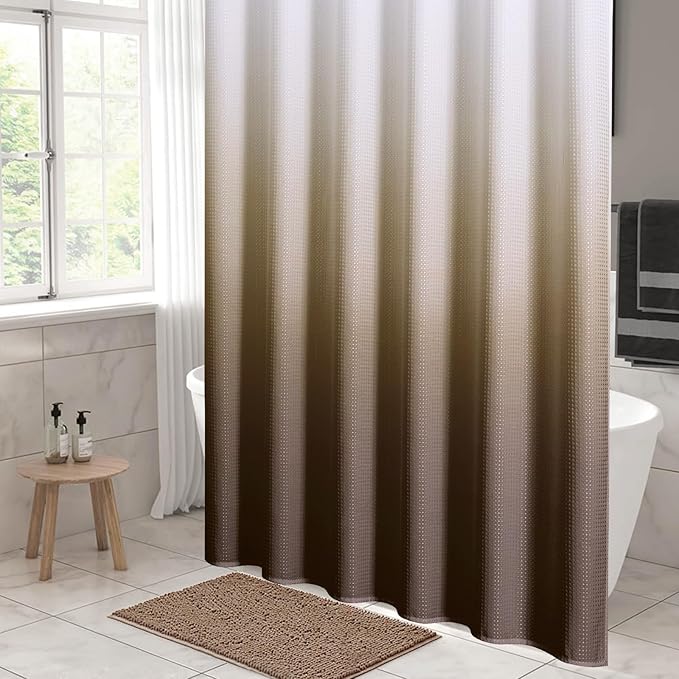 MitoVilla Brown Ombre Shower Curtain 72 x 78, Long Waffle Fabric Shower Curtains for Modern Luxury Bathroom Decor, Heavy Duty Hotel Cloth Shower Curtains 78 inch Long