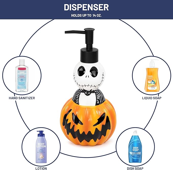Jay Franco Disney Nightmare Before Christmas Organizer Set - 4 Piece Black and White Accessories Includes Resin Soap Dispenser, Sponge Holder, Toothbrush Holder and Tumbler - Bathroom Décor