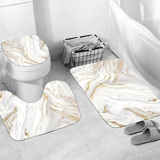 Nkzply 4 Pcs White Marble Shower Curtain Set Gold Bathroom Sets with Shower Curtain and Rugs Modern Abstract Bathroom Decor Accessories Bathroom Rugs Toilet Lid Cover with Hooks