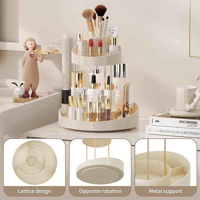 INVSSENE 2 Tiers Rotating Makeup Organizer, Large Makeup Organizer for Vanity, Countertop Storage Shelf for Cosmetics, Skincare, Makeup Brush - Warm White