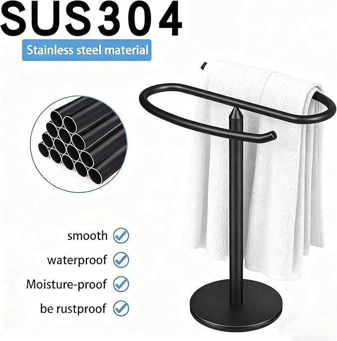 13-inch Black Stainless Steel Freestanding Towel Rack Pole with Dual-Bracket Towel Ring and Hand Towel Holder Bathroom Sink, Kitchen Counter Towel Hardware