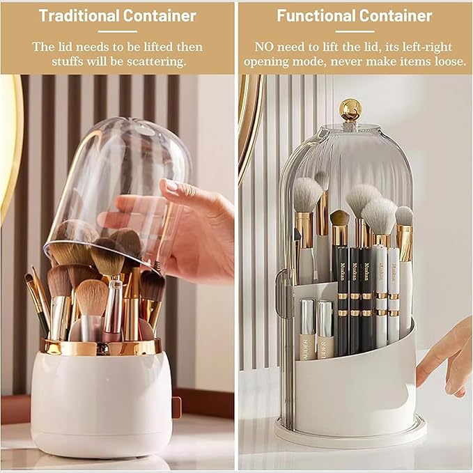 Makeup Brush Holder with Cover, Clear Dustproof Cosmetics Display Case, 360° Rotating Countertop Brushes Organizer for Bathroom Vanity Countertop (Black)