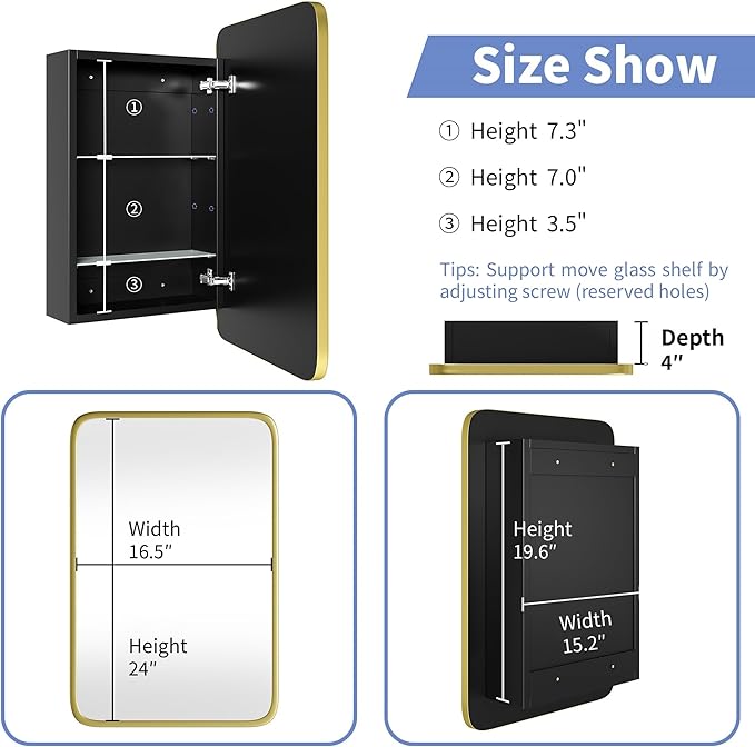 AGDULL Vintage-Style Bathroom Wood Black Cabinet with 16.5''x24'' Brushed Gold Metal Frame Curved Mirror, Recessed Medicine Cabinet, Bathroom Storage Cabinet