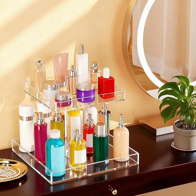 2-Tier Acrylic Bathroom Cosmetic Storage Organizer for Dresser and Countertop Standing Perfume Tray for Bedroom Decor