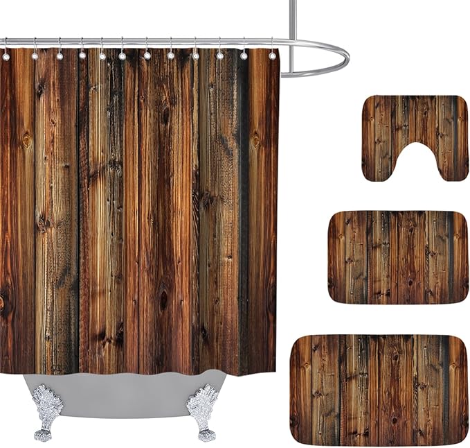 Farmhouse Western Vintage Bathroom Sets with Wooden Rustic Shower Curtain and 20 x 31 Rugs Bathroom Accessories Sets Decor with Bath Rug, Bath Mat, U-Shaped Contour and Hooks 72 x 72 Inch Brown
