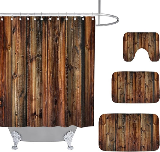 Farmhouse Western Vintage Bathroom Sets with Wooden Rustic Shower Curtain and 20 x 31 Rugs Bathroom Accessories Sets Decor with Bath Rug, Bath Mat, U-Shaped Contour and Hooks 72 x 72 Inch Brown