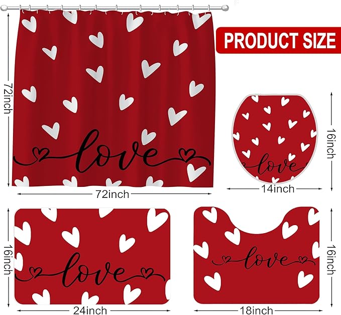 FUTBU Valentines Day Shower Curtain Set for Bathroom, Red Love Heart Shape Red Bathroom Supplies for Valentines Accessories Decor Set, Non Slip Rugs Toilet Lid Cover U Shape Bath Mat and 12 Hooks