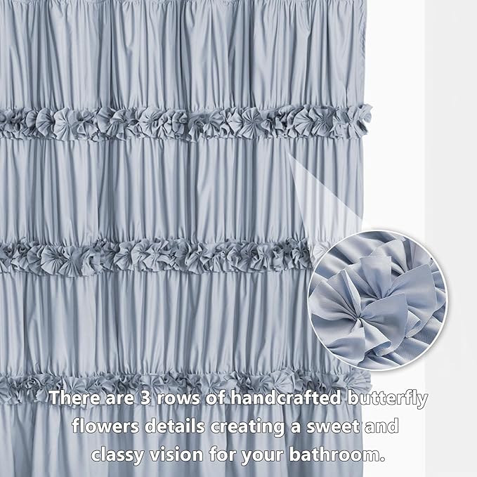 Fog Blue Ruffle Shower Curtain 72“ W x 84” H, Vintage Handcrafted Bow Tie Bath Curtain for Master Bathroom, Ruched Microfiber Bathroom Curtain with 12 Buttonholes (LQ-10)