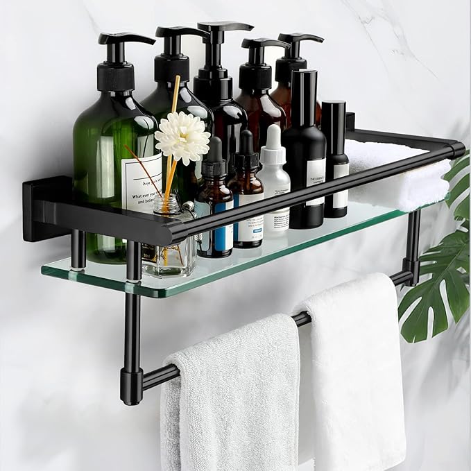20-inch Glass Shelf with Towel bar, Matte Black-Finished Rail, Rectangular Stainless Steel Shelf, Wall-Mounted Storage Rack