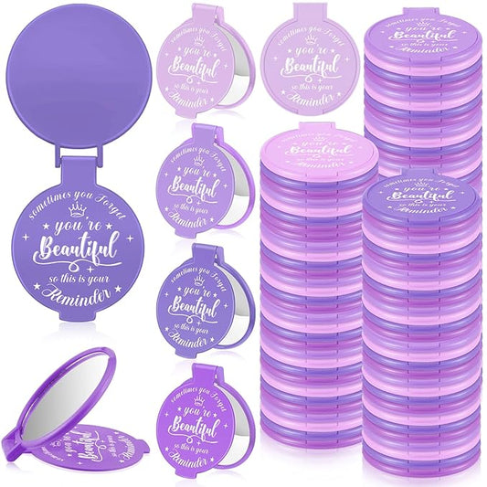 100 Pcs 2.76 Inch Inspirational Compact Mirror Bulk Women Small Gifts Graduation Party Favors Purse Mirror Pocket Mini Stuffer Items for Adult Coworker Cheerleader Employee (Purple Series)