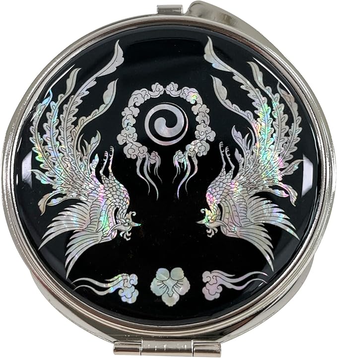 Portable Makeup Compact Double Magnifying Mirror Cosmestic Foldable Pocket Style Unique Mother of Pearl Design (Phoenix)