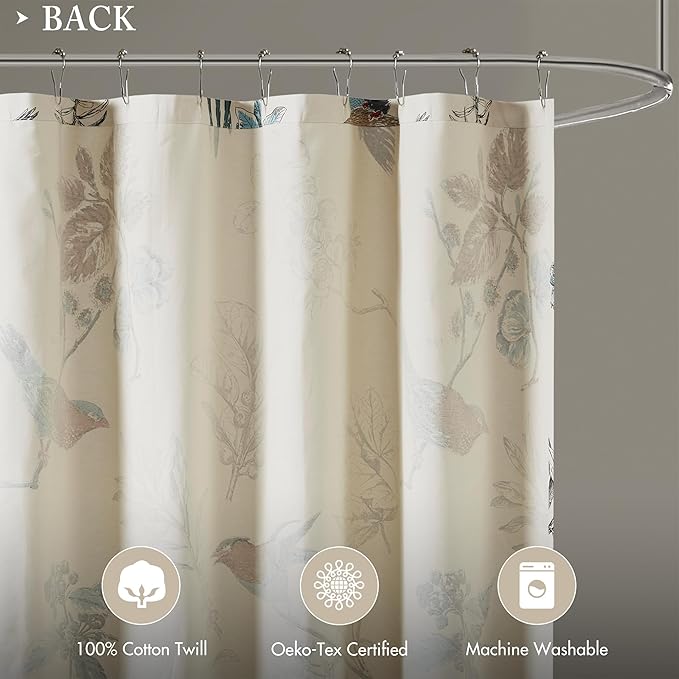 Madison Park Shower Curtain, Bird & Leaf Print, Farmhouse Shower Curtain for Bathroom, Modern Country Bathroom Décor, Machine Washable, Cotton Shower Curtain, Quincy, 72x72" Khaki
