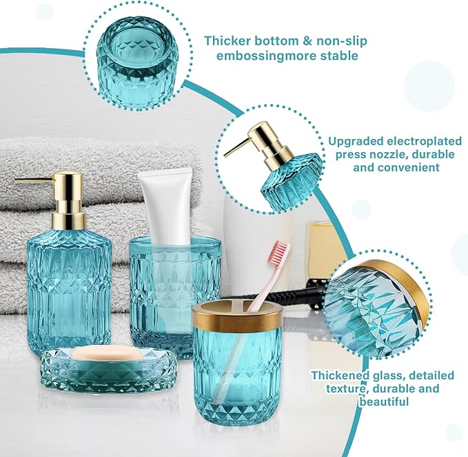 5Pcs Cyan Bathroom Accessories Set, Glass Bathroom Accessories, Vintage Bathroom Countertop Decoration Includes Soap Dispenser, Toothbrush Holder, Qtip Holder,Soap Dish and Rinsing Cup