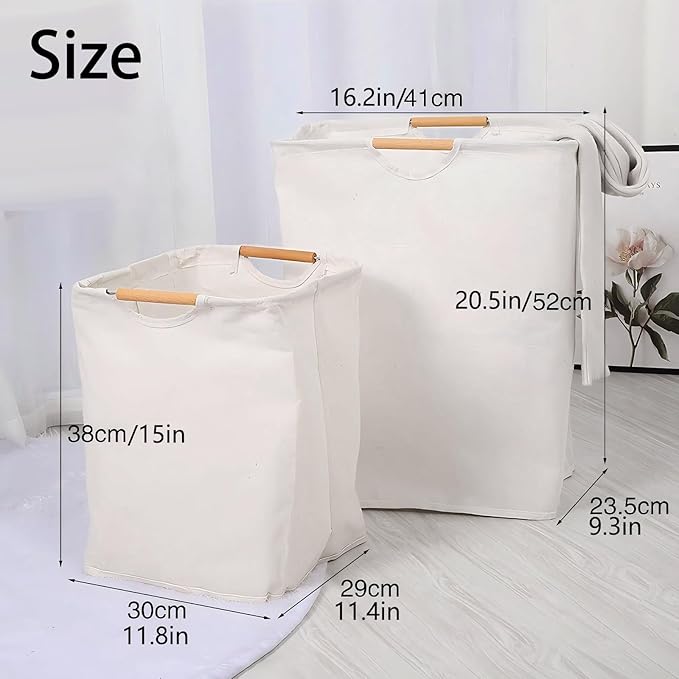 Collapsible Laundry Hamper Bag with Wooden Handles - 36L/8 Gallon Capacity Waterproof Oxford Cloth Storage Basket, Freestanding No Wire Frame, for Dorm Room, Bedroom, Bathroom - Small