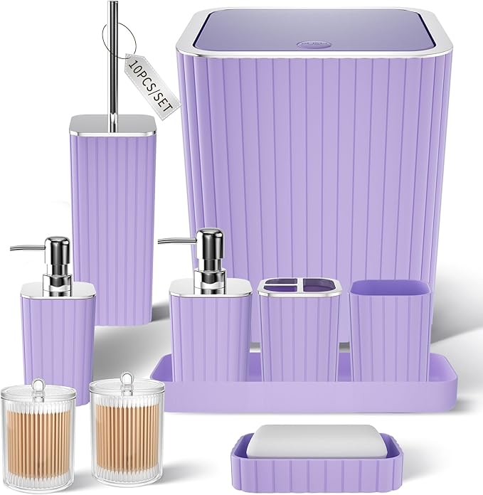 XLHOMO Bathroom Accessories Set - Gorgeous Purple Bathroom Set, 10PC Bathroom Accessory Set, Toilet Brush, Trash Can & Soap Dispenser