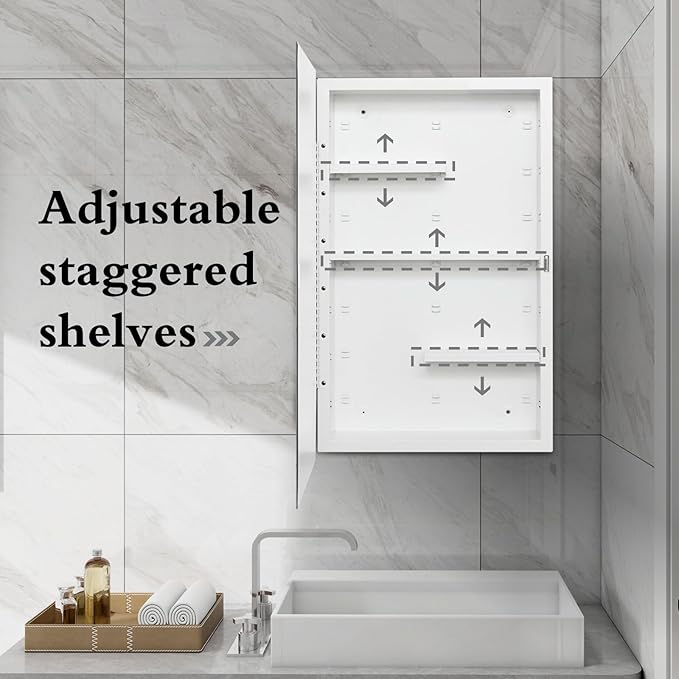 Fundin White Medicine Cabinet Recessed or Surface Mount, Bathroom Medicine Cabinet with 16 x 26 Beveled Mirror and Adjustable Staggered Shelves