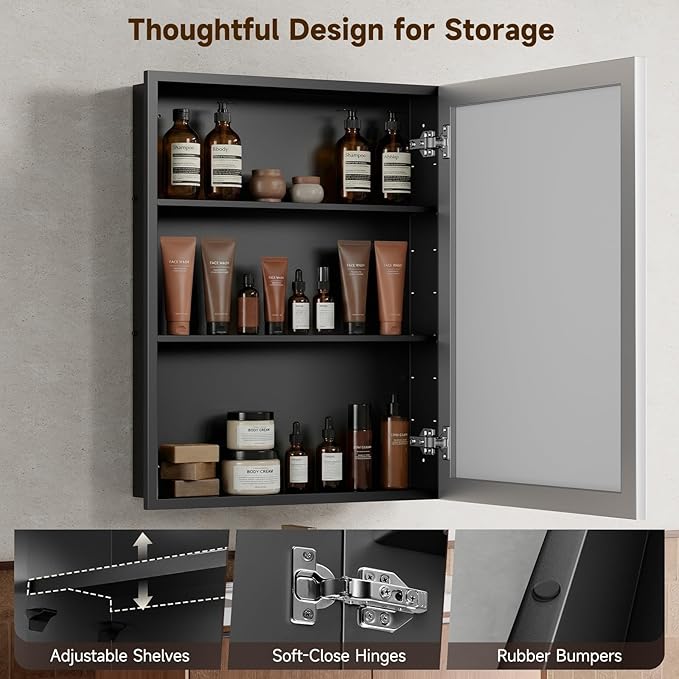 24" x 30” Silver Medicine Cabinets for Bathroom with Mirror, Aluminum Alloy Framed Mirror＆Tempered Glass Design, Recessed or Surface Wall-Mounted Metal Bathroom Vanity Mirror with Storage Cabinet