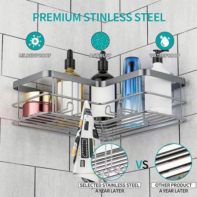 Yazoni Corner Shower Caddy, Adhesive Shower Shelves No Drilling [2-Pack], Rustproof Stainless Steel Bathroom Shower Organizer with 8 Hooks