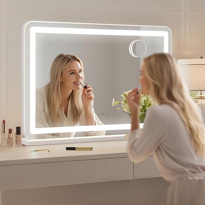 GarveeHome 30.15 in x20.19 in Lighted Makeup Mirror，Led Makeup Mirror,Three Color Lighting Modes, and 10X Magnification Mirror, Smart Touch Control,2 in-1 Vanity Mirror Both Tabletop and Wall-Mounted