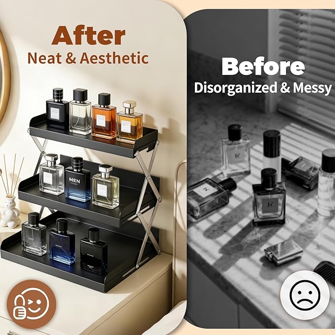 Cologne Organizer for Men - 3 Tier Perfume Display Holder, Foldable Adjustable Height Mens Perfume Organizer Shelf Stand, Black Gift for Men