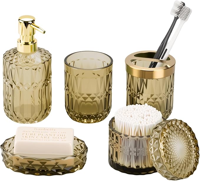 Brown Bathroom Accessories Set, 5Pack Clear Glass Bathroom Accessories, Includes Lotion Soap Dispenser, Toothbrush Holder, Qtip Holder and Soap Dish, Vintage Bathroom Decor