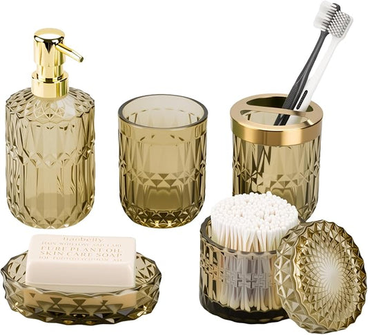 Brown Bathroom Accessories Set, 5Pack Clear Glass Bathroom Accessories, Includes Lotion Soap Dispenser, Toothbrush Holder, Qtip Holder and Soap Dish, Vintage Bathroom Decor